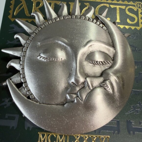 Vintage Signed JJ Silver pewter Moon Kissing Sun Brooch Pin Zodiac Celestial - Picture 2 of 5